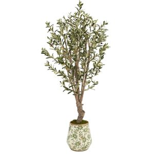 Olive Tree Collection | 62" Olive Artificial Tree in Floral Print Planter Artificial Trees Olive Tree Collection