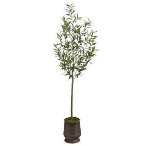 Olive Tree Collection | 75" Olive Artificial Tree in Ribbed Metal Planter Artificial Trees Olive Tree Collection