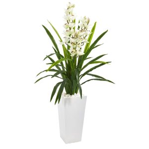 Orchids | 4.5’ Cymbidium Orchid Artificial Plant in White Tower Planter Artificial Flowers Floor Plants