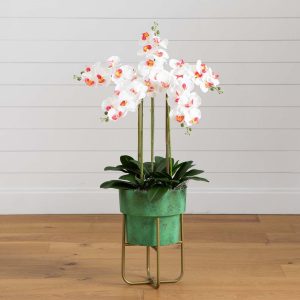 Orchids | 43" Artificial Orchid Arrangement in Patina Metal Planter with Stand Artificial Flowers Orchids