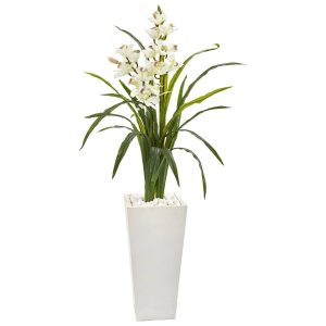 Orchids | 50" Cymbidium Orchid Artificial Plant in White Tower Planter Artificial Flowers Floor Plants