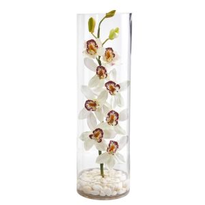 Orchids | Cymbidium Orchid Artificial Arrangement in Tall Cylinder Vase White Artificial Flowers Orchids