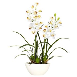 Orchids | Cymbidium White Vase Silk Flower Arrangement Artificial Flowers Orchids