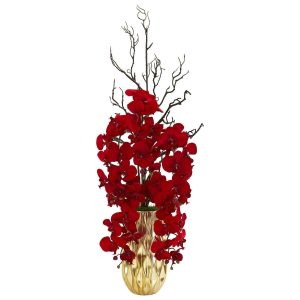 Orchids | Red Phalaenopsis Orchid Artificial Arrangement in Gold Vase Artificial Flowers Orchids