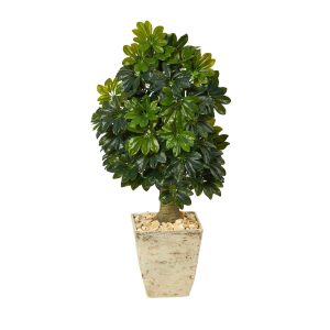 Other Varieties | 3.5' Schefflera Artificial Tree in Country White Planter (Real Touch) Artificial Trees Other Varieties