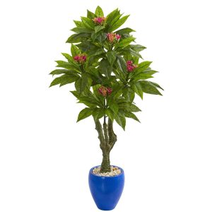 Other Varieties | 5' Plumeria Artificial Tree in Decorative Blue Planter (Indoor/Outdoor) Artificial Trees Flowering Trees