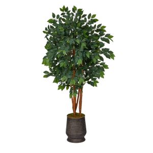 Other Varieties | 57" Sakaki Artificial Tree in Ribbed Metal Planter Artificial Trees Other Varieties