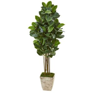 Other Varieties | 63" Rubber Leaf Artificial Tree in Country White Planter Artificial Trees Other Varieties