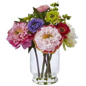 Peonies | 10.5" Artificial Peony and Mum in Glass Vase" Artificial Flowers Mums