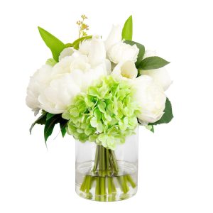 Peonies | 12" Artificial Peony, Hydrangea and Tulip Arrangement in Glass Vase Artificial Flowers Peonies