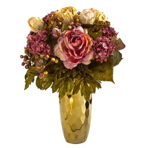 Peonies | 19" Peony Artificial Arrangement in Gold Vase Artificial Flowers Peonies