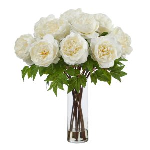 Peonies | 22" Artificial Peony Arrangement with Cylinder Glass Vase White Artificial Flowers Peonies