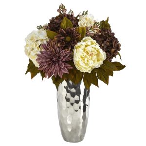 Peonies | 22" Peony, Hydrangea and Dahlia Artificial Arrangement in Silver Vase Artificial Flowers Peonies