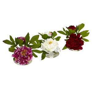 Peonies | Peony Glass Vase (Set of 3) Artificial Flowers Peonies