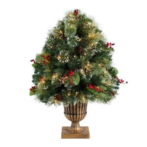 Plants in Decorative Planter | 3' Holiday Pre-Lit Snow Tip Greenery, Berries and Pinecones Plant in Urn with 100 LED Lights Artificial Plants Plants in Decorative Planter