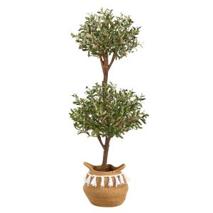 Plants in Decorative Planter | 4.5' Artificial Olive Double Topiary with Handmade Jute & Cotton Basket with Tassels Artificial Plants Olive Tree Collection