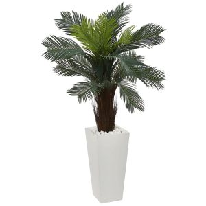 Plants in Decorative Planter | 4.5' Cycas Artificial Plant in White Tower Planter Indoor/Outdoor Artificial Plants Floor Plants