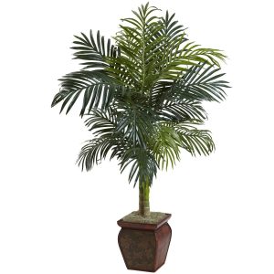 Plants in Decorative Planter | 4.5’ Golden Cane Palm w/Decorative Container Artificial Palm Trees Artificial Palm Trees