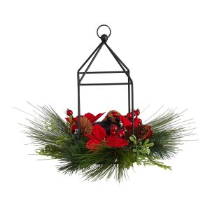 Poinsettias | 14" Christmas Poinsettia, Berry and Pinecone Metal Candle Holder Christmas Table Arrangement Artificial Flowers Poinsettias