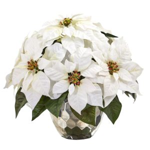 Poinsettias | 14" Poinsettia Artificial Arrangement in Designer Silver Bowl Artificial Flowers Poinsettias