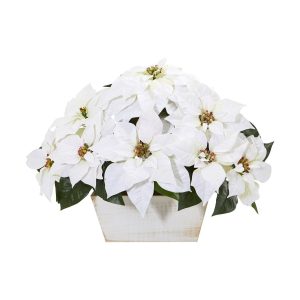 Poinsettias | 16" Poinsettia Artificial Arrangement in White Wash Planter Artificial Flowers Poinsettias