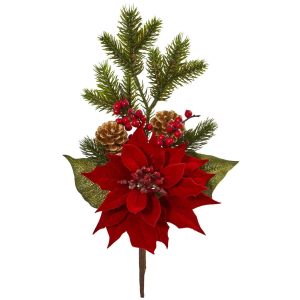 Poinsettias | 17" Poinsettia, Berry and Pine Artificial Flower Bundle (Set of 6) Artificial Flowers Poinsettias