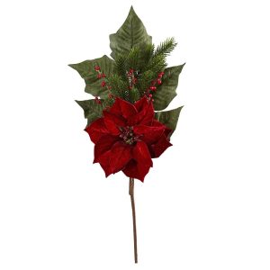 Poinsettias | 31" Poinsettia, Berries and Pine Artificial Flower Bundle (Set of 3) Red Artificial Flowers Poinsettias