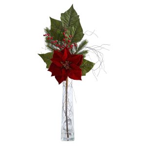 Poinsettias | 32" Poinsettia, Berries and Pine Artificial Arrangement in Glass Vase Artificial Flowers Poinsettias