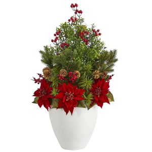 Poinsettias | 32" Poinsettia, Boxwood and Succulent Artificial Arrangement in White Vase Artificial Flowers Poinsettias