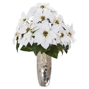 Poinsettias | Poinsettia Artificial Arrangement in Silver Cylinder Vase Artificial Flowers Poinsettias