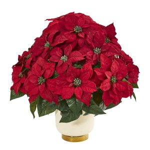 Poinsettias | Poinsettia Artificial Arrangement in White Bowl Artificial Flowers Poinsettias