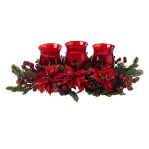 Poinsettias | Poinsettia & Berry Triple Candle Holder Artificial Flowers Poinsettias