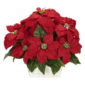 Poinsettias | Poinsettia White Wash Planter Silk Arrangement Poinsettias