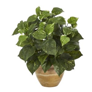 Pothos | 14" Pothos Artificial Plant in Ceramic Planter Artificial Plants Desk Plants