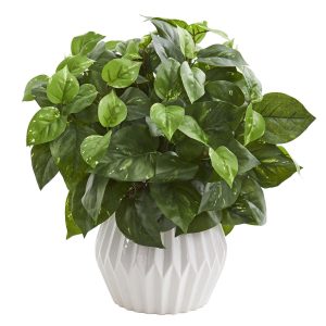 Pothos | 16'' Pothos Artificial Plant in White Ceramic Vase Artificial Plants Desk Plants