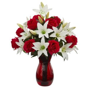 Roses | Roses & Lilies Artificial Arrangement in Red Vase Artificial Flowers Lilies