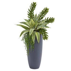 Snake | 33" Sansevieria and Succulent Artificial Plant in Gray Planter Artificial Plants Floor Plants