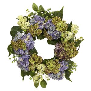 Spring Wreaths & Garlands | 22" Artificial Hydrangea Silk Wreath Mixed Greens Artificial Wreaths Artificial Wreaths