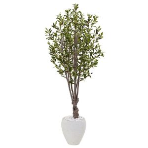 Statement Trees | 5' Olive Tree in White Oval Planter Artificial Trees Olive Tree Collection