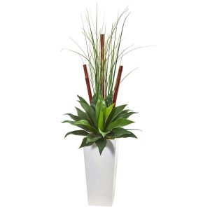 Succulents | 4.5' Giant Agave Succulent Artificial Plant in White Planter Artificial Plants Floor Plants