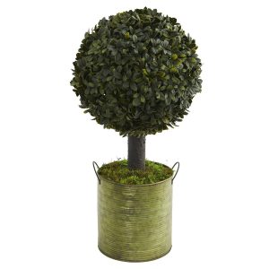 Topiary Trees | 1.5' Boxwood Ball Topiary Artificial Tree in Green Tin (Indoor/Outdoor) Artificial Trees Topiary Trees