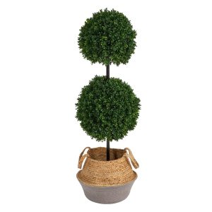 Topiary Trees | 3.5' Artificial Boxwood Double Ball Topiary Tree in Boho Chic Handmade Cotton & Jute Planter UV Resistant Artificial Trees Topiary Trees