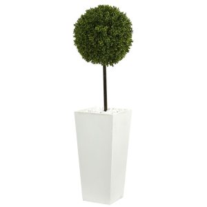 Topiary Trees | 3.5' Boxwood Ball Topiary Artificial Tree in White Tower Planter (Indoor/Outdoor) Artificial Trees Topiary Trees