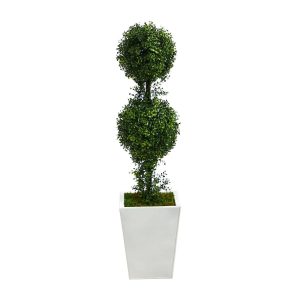 Topiary Trees | 3.5' Boxwood Double Ball Topiary Artificial Tree in White Metal Planter(Indoor/Outdoor) Artificial Trees Topiary Trees