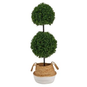 Topiary Trees | 3.5' Boxwood Double Ball Topiary Tree in Boho Chic Handmade Cotton & Jute Planter UV Resistant Artificial Trees Topiary Trees