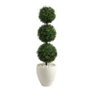 Topiary Trees | 3.5' Boxwood Triple Ball Topiary Artificial Tree in White Planter (Indoor/Outdoor) Artificial Trees Topiary Trees