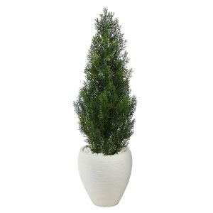 Topiary Trees | 3.5' Mini Cedar Artificial Pine Tree in White Planter (Indoor/Outdoor) Artificial Trees Topiary Trees