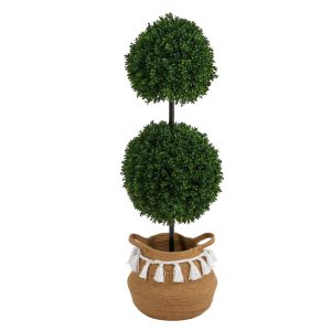 Topiary Trees | 3.5’ Boxwood Double Ball Topiary Tree in Boho Chic Handmade Natural Planter UV Resistant Artificial Trees Topiary Trees