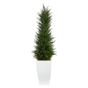 Topiary Trees | 3.5’ Cypress Artificial Tree in White Metal Planter (Indoor/Outdoor) Artificial Trees Topiary Trees