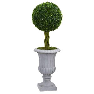 Topiary Trees | 3' Braided Boxwood Topiary Artificial Tree in Gray Urn UV Resistant (Indoor/Outdoor) Artificial Trees Topiary Trees